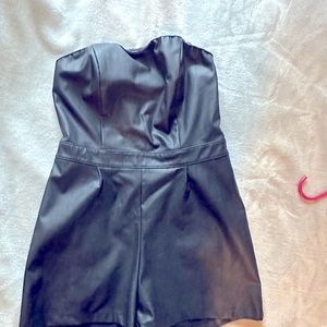 Faux leather strapless romper.  Black